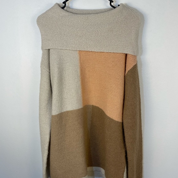 Cowl Turtleneck oversized long colorblock fuzzy knit sweater soft size medium - Picture 7 of 12